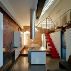 Staircase With To Elegant Red Staircase With Metal Handrail To Reach Upper Level Of Historic Victorian Vader House Directly From Modern Kitchen Architecture Gorgeous Contemporary Comfortable Home For Cozy Living Holidays