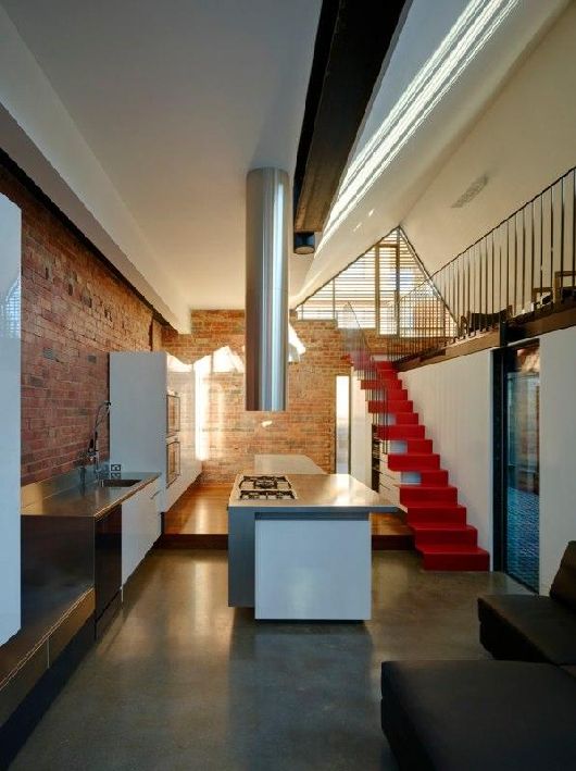 Staircase With To Elegant Red Staircase With Metal Handrail To Reach Upper Level Of Historic Victorian Vader House Directly From Modern Kitchen Architecture Gorgeous Contemporary Comfortable Home For Cozy Living Holidays