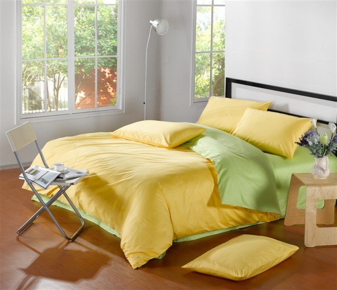 Green Yellow In Refreshing Green Yellow Duvet Cover In Wooden Bed Involved Iron Single Chair And Decorative Nightstand On Wooden Floor Bedroom Solid Yellow Duvet Cover For Bright Bedroom Designs