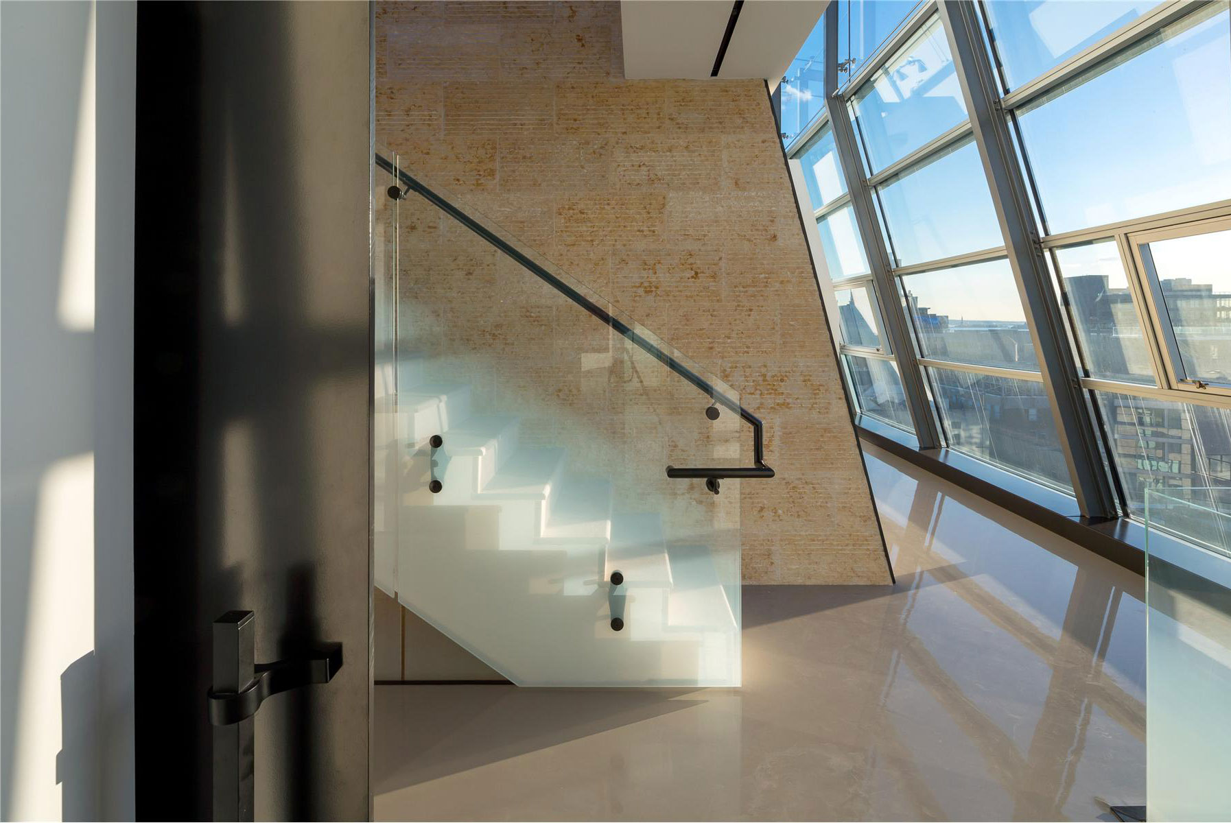 Brick Wall With Rough Brick Wall White Staircase With Glass Railing Laminate Flooring Sloping Glass Wall In Metallic Railing Greenwich Street Project Architecture Stunning Steel And Glass Structure Reflected In 497 Greenwich Street Penthouse