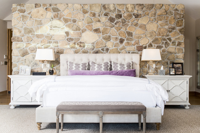 Stone Bed Modern Rough Stone Bed Headboard In Modern Bedroom With White Duvet Cover Appealing Carpet Padded Bench Shiny Table Lamps On White Bedside Tables Bedroom Natural White Duvet Cover For Simple Contemporary Bedrooms