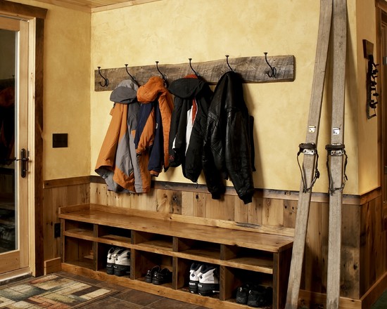 Entry With Used Rustic Entry With Untreated Wood Used Coat Racks And Small Dark Metallic Wall Hooks Rustic Wood Floor And Glass Door Decoration Chic And Classy Coat Racks Brimming With Elegant Interior Decorations