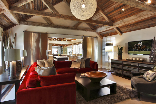 Living Room Red Rustic Living Room Idea Displaying Red Sectional Sofa Illuminated By Woven Globe Pendant Installed Above Table Decoration Gorgeous Red Sectional Sofas For A Stylish Modern Interiors