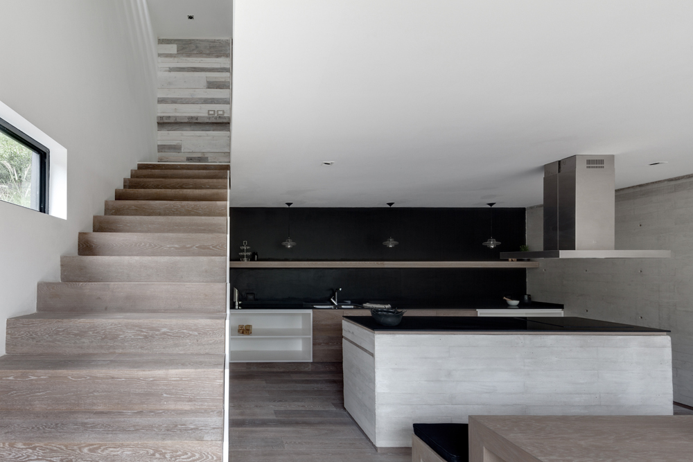 Steep Wood Minimalist Sensational Steep Wood Staircase With Minimalist Wood Wall Shelf Stainless Steel Range Hood Square Kitchen Island Apartments Airy And Beautiful Mountain Retreat With Amazing Natural Landscape