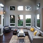 Light Grey Room Small Light Grey Painted Family Room In Double Height Idea With Grey Tufted Large Sectional Sofas And Portable Fireplace Decoration Swanky Large Sectional Sofas For Spacious Living Rooms