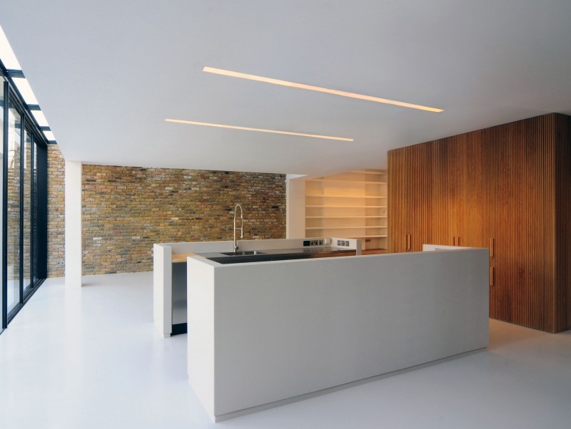 Ceiling Lights House Soft Ceiling Lights In Classic House With Modern Kitchen Island And Appliances Rustic Brick Wall White Laminate Flooring Glass Door Bedroom  Elegant Black And White House In London By Bureau De Change Design Office