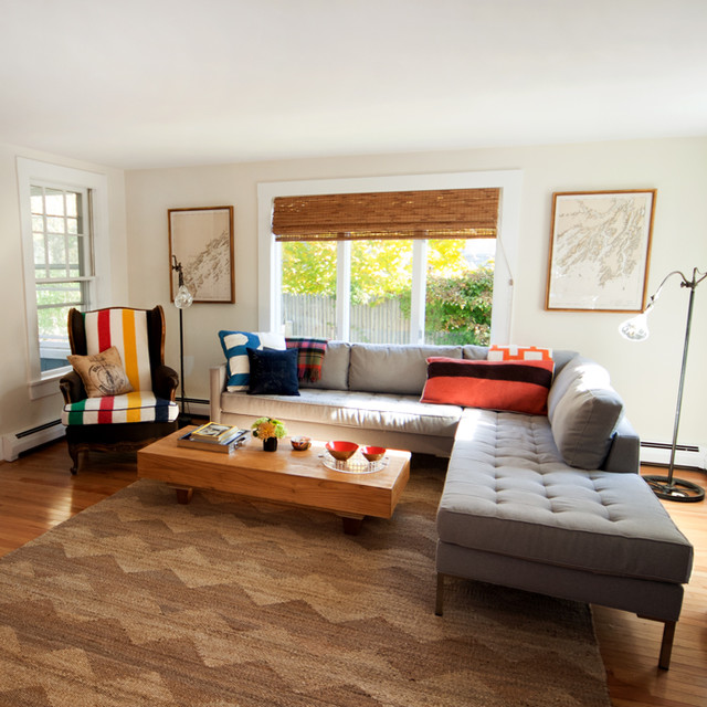 Beach Style With Splendid Beach Style Living Room With Grey Contemporary Sofa Box Wood Coffee Table Warm Carpet On Wood Floor Striped Armchair Decoration  Elegant Contemporary Sofa With Comfortable And Casual Sitting Rooms