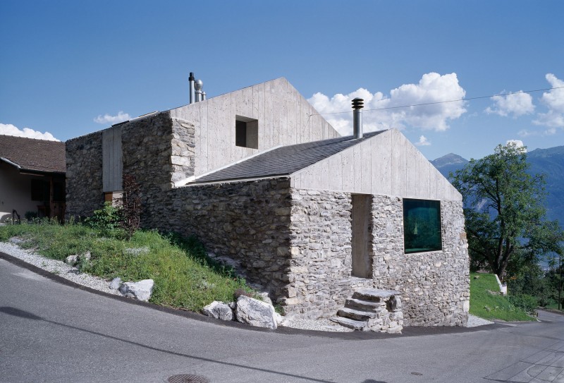 Chamoson House Outdoor Splendid Chamoson House With Stone Outdoor Wall Small Staircase Sloping Concrete Driveway Tube Stainless Steel Chimney Dream Homes Unusual Contemporary Rural House With Rough Stone Wall Structure