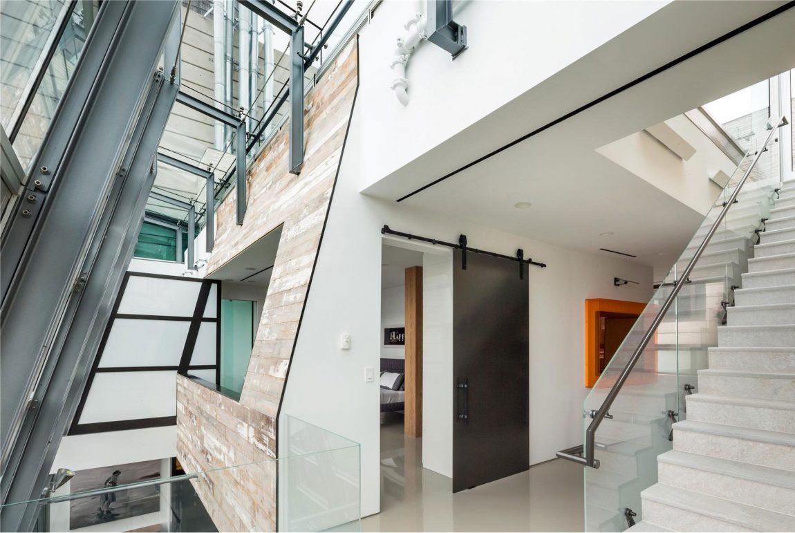 Greenwich Street Modern Stunning Greenwich Street Project In Modern Architecture Sloping Glass Wall In Metallic Frame Sleek Laminate Flooring Marble Staircase Glass Railing Interior Design Stunning Steel And Glass Structure Reflected In 497 Greenwich Street Penthouse