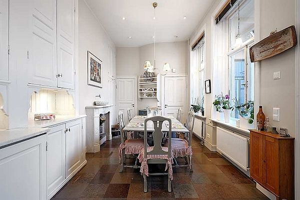 Kitchen And In Stunning Kitchen And Dining Room In Traditional Swedish Apartment Furnished White Wooden Glossy Built In Storage Apartments Vintage Swedish Home Decorated With Contemporary Scandinavian Touch Of Traditional Style