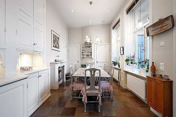 Kitchen And In Stunning Kitchen And Dining Room In Traditional Swedish Apartment Furnished White Wooden Glossy Built In Storage Apartments  Vintage Swedish Home Decorated With Contemporary Scandinavian Touch Of Traditional Style