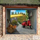 3d Look Door Stylish 3D Look Of Garage Door Decals With Stone Cladding Covering The Wall Displaying Garden And Red Scooter Decoration Creative Garage Door Covers And Decals To Style Your Artistic Garage Door