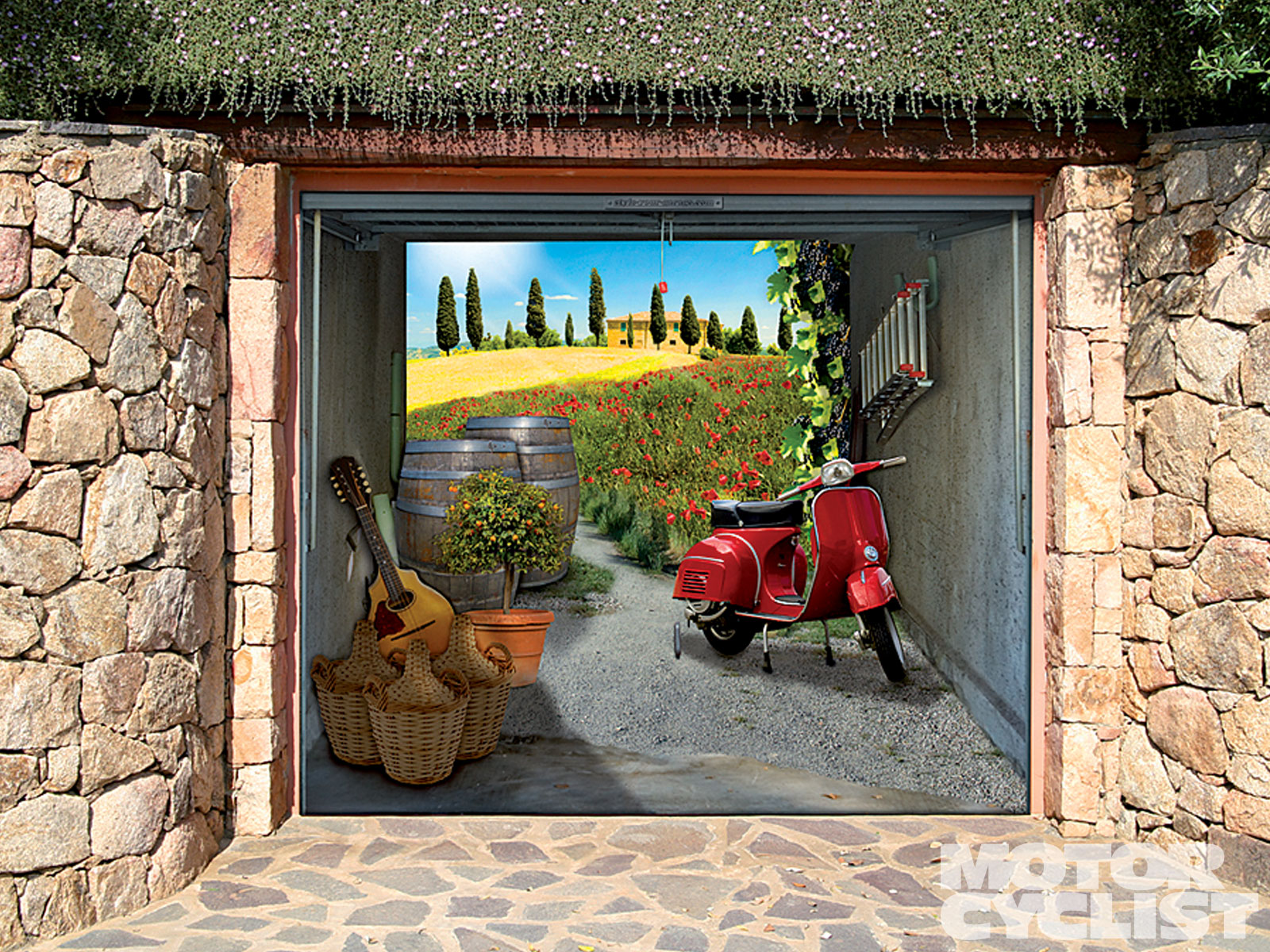 3d Look Door Stylish 3D Look Of Garage Door Decals With Stone Cladding Covering The Wall Displaying Garden And Red Scooter Decoration Creative Garage Door Covers And Decals To Style Your Artistic Garage Door