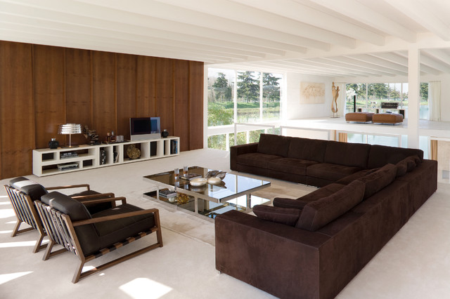 Sectional Brown Glass Stylish Sectional Brown Big Sofas Glass Coffee Table Cushy Brown Armchairs Minimalist White Sideboard Sleek Marble Floor Dream Homes Elegant Big Sofas Makes Your Living Lounge Look Expensive