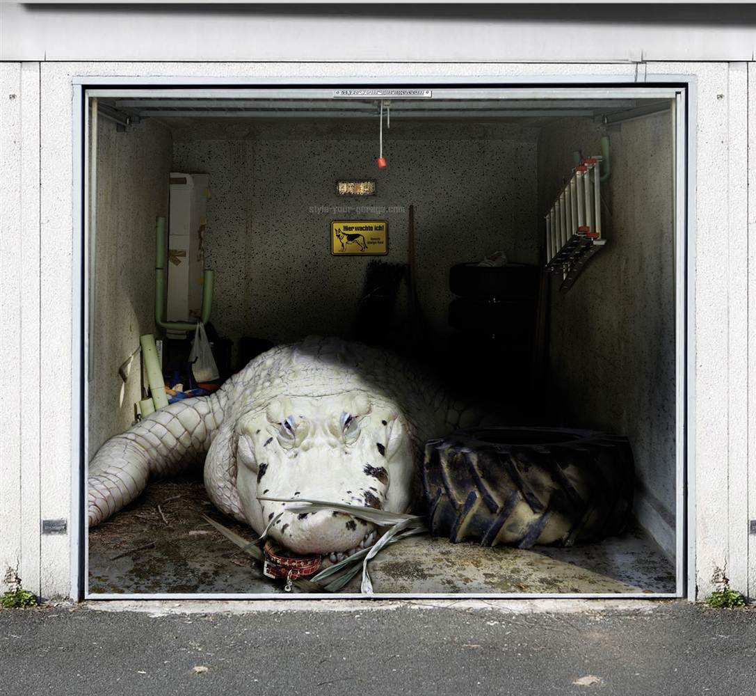 White Aligator Door Surprising White Alligator Themed Garage Door Decals Displayed As If It Really Appearing Inside Old Messy Garage Decoration Creative Garage Door Covers And Decals To Style Your Artistic Garage Door