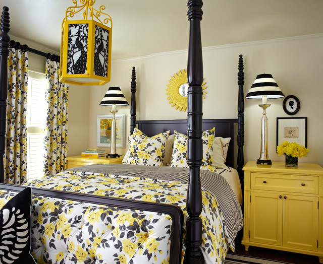 Bedroom Floral Cover Traditional Bedroom Floral Yellow Duvet Cover On Black Wooden Canopy With Yellow Nightstand And Decorative Pendant Decoration Solid Yellow Duvet Cover For Bright Bedroom Designs