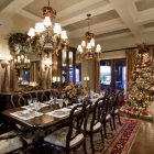 Dining Room Chandelier Traditional Dining Room With Glamorous Chandelier And Lovely Christmas Dinner Table Decorations Classic Carpet On Wood Floor Wood Cupboard Dining Room Easy Christmas Dinner Table Decorations With Luxurious Colors Combinations