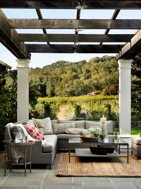 House Pergola Grey Traditional House Pergola Covering Metallic Grey Outdoor Sectional Sofa With Dark Coffee Table With Green Centerpiece Decoration Cozy And Beautiful Outdoor Sectional Sofas For Patio Relaxation