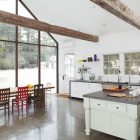 Kitchen And In Traditional Kitchen And Dining Room In Floating Farmhouse With White Island And Long Wooden Dining Table Apartments Bewitching Modern Farmhouse With White Color And Rustic Appearance