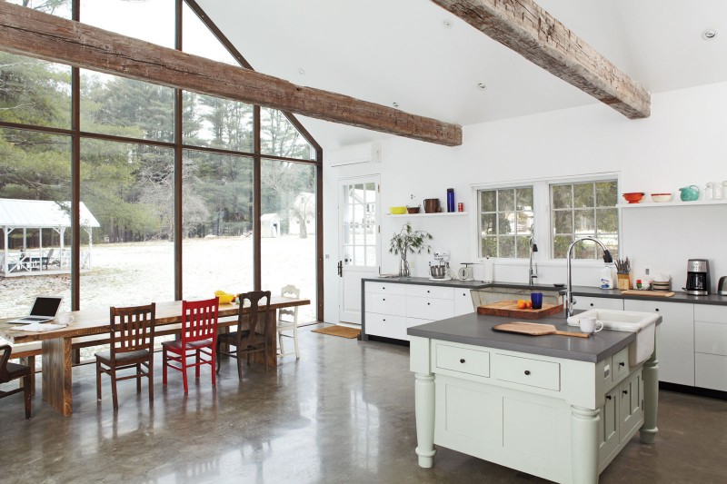 Kitchen And In Traditional Kitchen And Dining Room In Floating Farmhouse With White Island And Long Wooden Dining Table Apartments  Bewitching Modern Farmhouse With White Color And Rustic Appearance