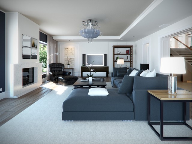 Tv Room With Transitional TV Room Interior Designed With Dark Grey Modern Sectional Sofa Involving White Painted Room Concept  18 Stunning Modern Sectional Sofa With Various Models And Types