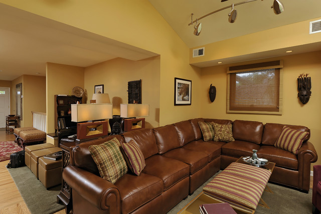 Yellow Themed Completed Transitional Yellow Themed Family Room Completed With Brown Leather L Shaped Sectional Sofa With Coffee Table Decoration  Deluxe Sectional Sofa For Contemporary Furniture Of Minimalist Residence