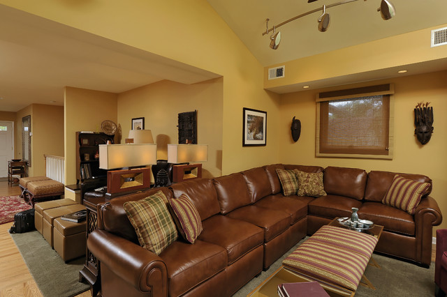 Yellow Themed Completed Transitional Yellow Themed Family Room Completed With Brown Leather L Shaped Sectional Sofa With Coffee Table Furniture Deluxe Sectional Sofa For Contemporary Furniture Of Minimalist Residence