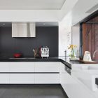 Black And In Trendy Black And White Kitchen In Fancy Fitzroy House Minimalist Kitchen Cabinet Dark Kitchen Backsplash Glossy Range Hood Dream Homes Bright Contemporary House With Open Plan Living Room Spaces