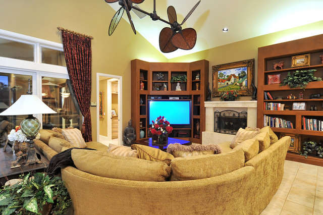 Yellow Themed Interior Tropical Yellow Themed Family Room Interior Designed With Curved Sectional Sofa Illuminated By Autumnal Light Furniture Comfortable Curved Sectional Sofas For Small Living Rooms