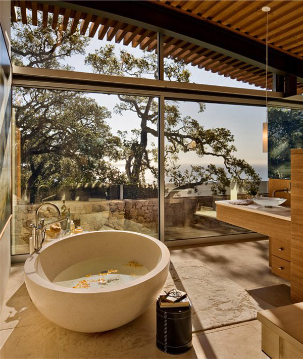 Rounded Tub Coastlands Unique Rounded Tub In The Coastlands House Bathroom With Wooden Ceiling And Wooden Vanity Near Glass Walls Dream Homes Sustainable Contemporary Home Building With Exotic Features