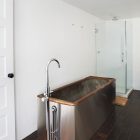 Metal Tub Floating Unusual Metal Tub In The Floating Farmhouse Bathroom With Glossy Faucet And White Wall On Hardwood Floor Apartments Bewitching Modern Farmhouse With White Color And Rustic Appearance