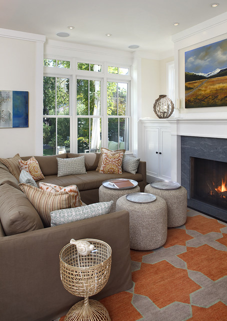 Living Room Small Warm Living Room Involving Brown Small Sectional Sofas And Some Stools With Tray Set As Coffee Tables On Rug  Small Sectional Sofas With Square Coffee Tables For Looking Stylish