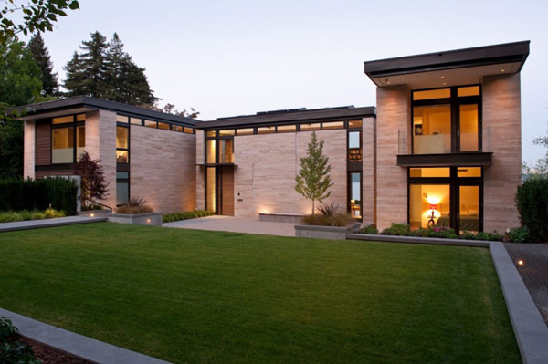 Facade View Washington Wonderful Facade View Of The Washington Park Hilltop Residence With Stone Wall And Wide Green Grass Yard Office & Workspace Amazing Modern Home With Beautiful H-Shape Exterior Layout