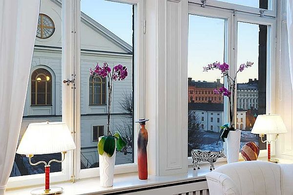 White Potted Night Wonderful White Potted Plants And Night Lamp Beside White Wooden Glass Windows Inside Traditional Swedish Apartment Interior Design Vintage Swedish Home Decorated With Contemporary Scandinavian Touch Of Traditional Style