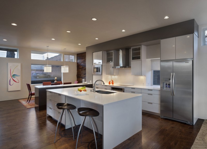 White Gray The Adorable White Gray Cabinets In The Kitchen With White Island And Dark Stools Installed In Simple Shift Top House Dream Homes Contemporary Three-Level Home With Stylish And Dramatic Grey Furniture