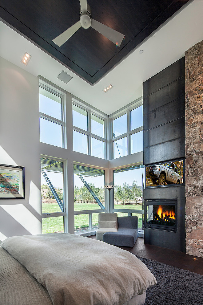Park City Group Airy Park City Residence Jaffa Group Double Height Master Bedroom Featured With Minimalist Fireplace Dream Homes Captivating Home Design With Grey Exterior Surrounded By Green Lawn
