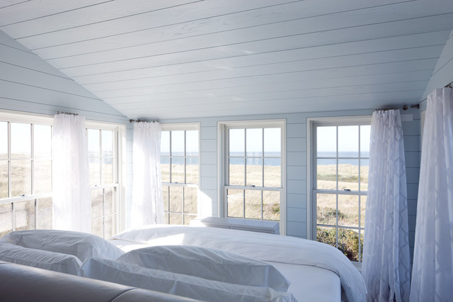 Space For Ideas Airy Space For Beach Bedroom Ideas For Beach Style With White Wooden Striped Ceiling And White Transparent Drapes Bedroom  19 Stylish White Interior Design For Beach Bedroom Ideas