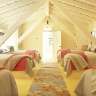 Cream Wooden Traditional Amazing Cream Wooden Stripes Themed Traditional Attic Bedroom Ideas With Many Bed And Stripes Duvet Cover Bedroom Elegant And Bright Bedroom Decoration With Glowing Sloped Ceilings