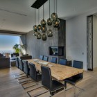 Dark Glass Above Amazing Dark Glass Pendant Lamp Above Wooden Striped Dining Table With Spectacular Views Over Los Angeles Furnished Black Decorative Chairs Dream Homes Fascinating Contemporary House With Spectacular City Scenery