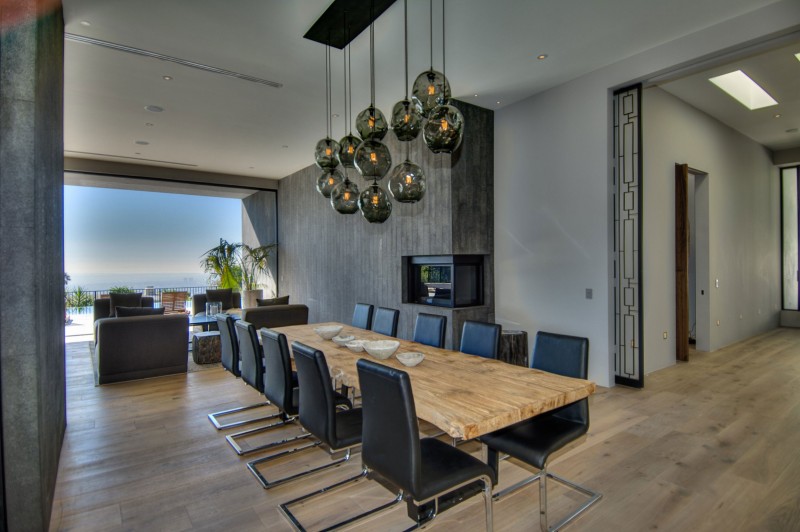 Dark Glass Above Amazing Dark Glass Pendant Lamp Above Wooden Striped Dining Table With Spectacular Views Over Los Angeles Furnished Black Decorative Chairs Dream Homes Fascinating Contemporary House With Spectacular City Scenery