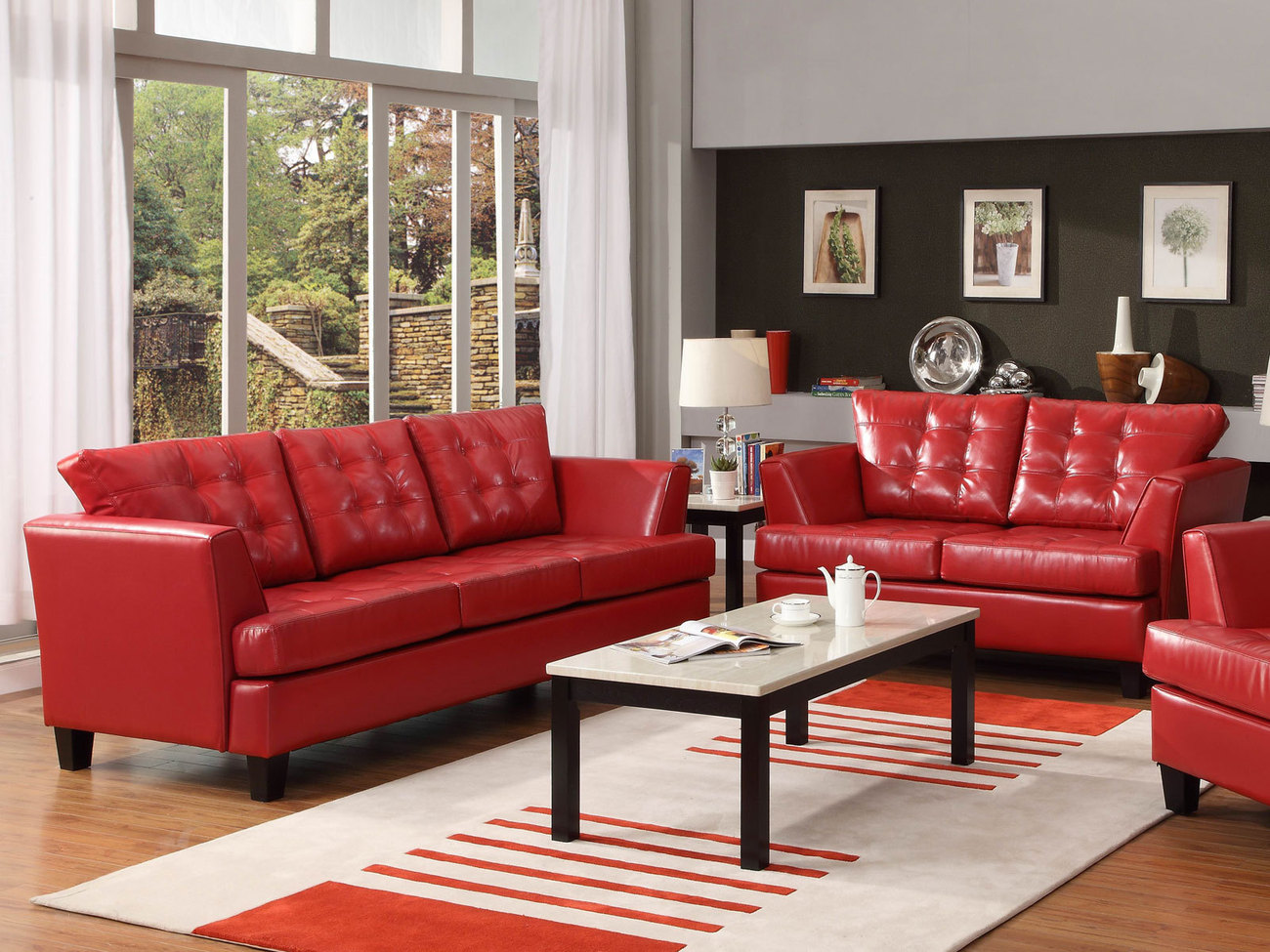 Living Room Red Amazing Living Room Design With Red Leather Sofa Dark Brown Wooden Table And White Colored Carpet Placed On The Floor Furniture Outstanding Living Room Furnished With A Red Leather Couch Or Sofa Sets