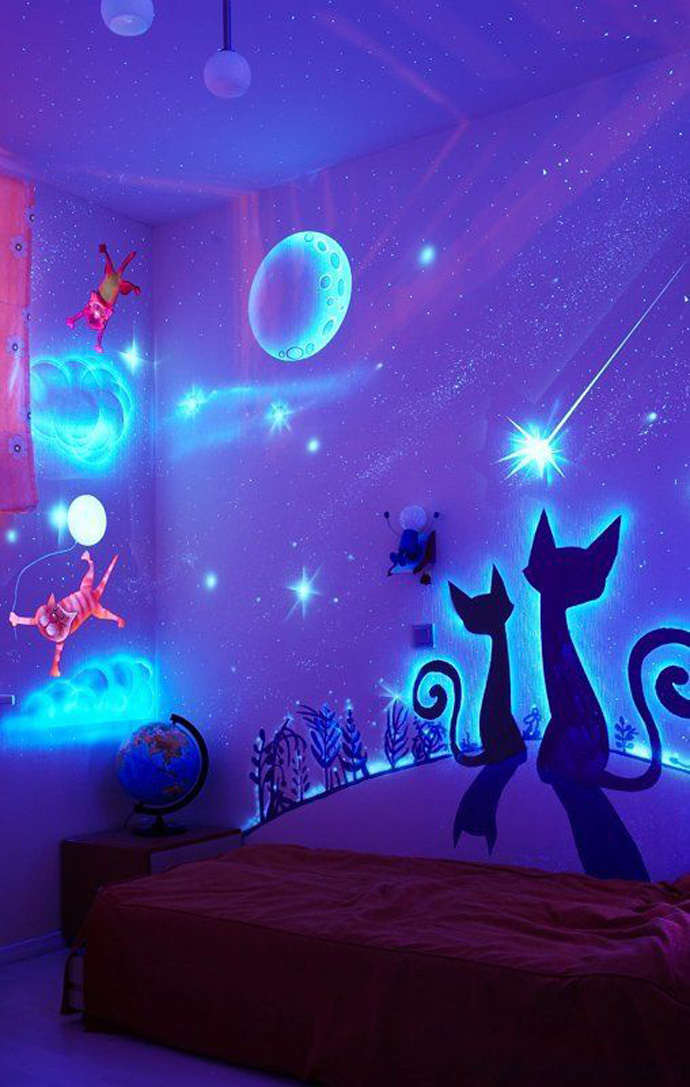 View Of The Amazing View Of Glow In The Dark Cats Looking At Fallen Stars And Moon At Night With Splash Of Light Blue In Room Bedroom  Stunning Bedroom Decoration With Glow In The Dark Paint Colors