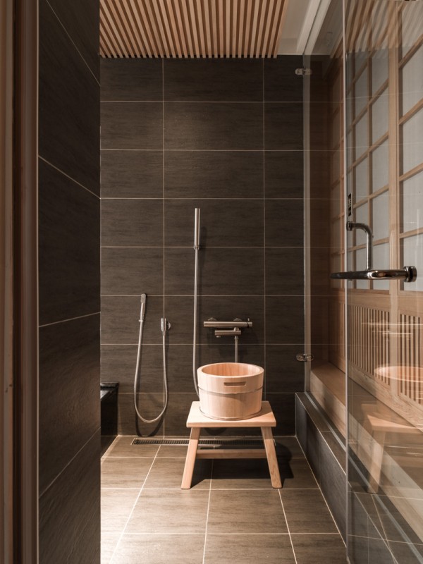 Bathroom Decoration Style Appealing Bathroom Decoration Of Japanese Style Bathroom Including Standing Shower With Wooden Bucket And Table On Marble Tiles Flooring Architecture Charming Modern Japanese House With Luminous Wooden Structure