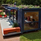 Container Guest Gray Appealing Container Guest House With Gray Tiled Floor Outside Involved Red Outdoor Chairs With White Modular Coffee Table Dream Homes Stunning Shipping Container Home With Stylish Architecture Approach