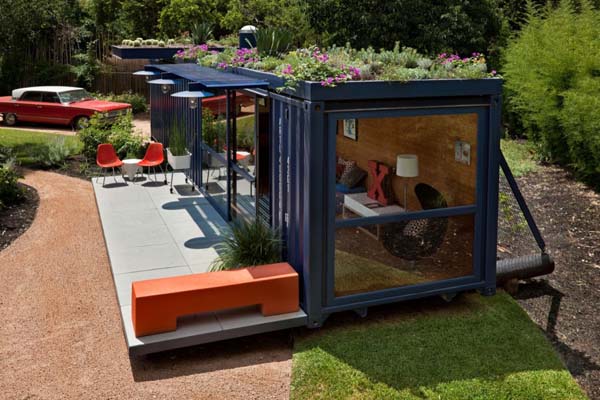 Container Guest Gray Appealing Container Guest House With Gray Tiled Floor Outside Involved Red Outdoor Chairs With White Modular Coffee Table 2 Dream Homes Stunning Shipping Container Home With Stylish Architecture Approach