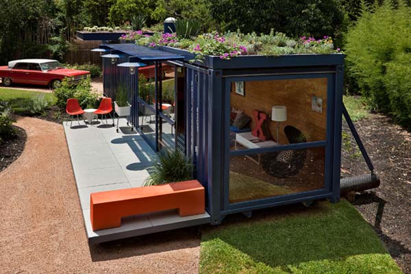 Container Guest Gray Appealing Container Guest House With Gray Tiled Floor Outside Involved Red Outdoor Chairs With White Modular Coffee Table Dream Homes  Stunning Shipping Container Home With Stylish Architecture Approach