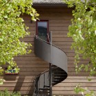 Dark Gray Steel Appealing Dark Gray Staircase With Steel Rails On It Installed In Peaks View House With Wooden Striped Wall Involved Wood Glass Windows Architecture Beautiful Contemporary Home With Outdoor Dining Room And Semi-Open Terrace