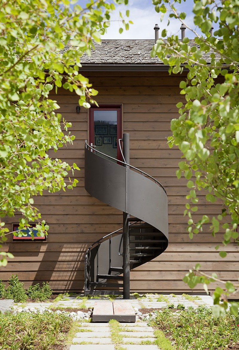 Dark Gray Steel Appealing Dark Gray Staircase With Steel Rails On It Installed In Peaks View House With Wooden Striped Wall Involved Wood Glass Windows Architecture Beautiful Contemporary Home With Outdoor Dining Room And Semi-Open Terrace
