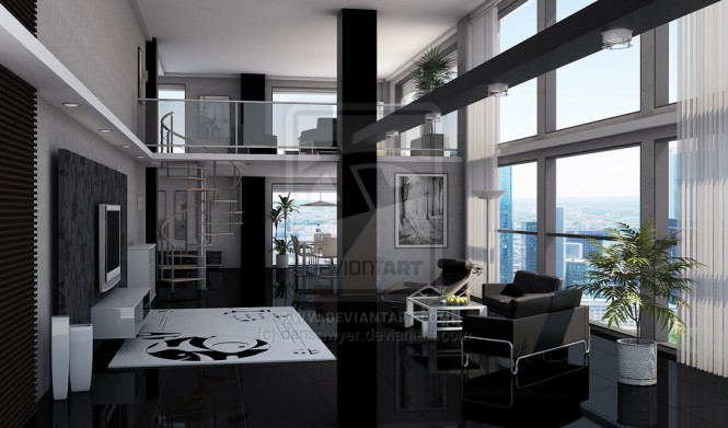Home Interior Dansawyer Appealing Home Interior Design Of Dansawyer Including Black Sofa Under The Loft Apartment Nearby The Bay Windows Covered With White Curtain Decoration Luxurious Modern Furniture For Stylish Bachelor Pad