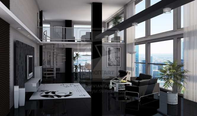 Home Interior Dansawyer Appealing Home Interior Design Of Dansawyer Including Black Sofa Under The Loft Apartment Nearby The Bay Windows Covered With White Curtain Decoration  Luxurious Modern Furniture For Stylish Bachelor Pad